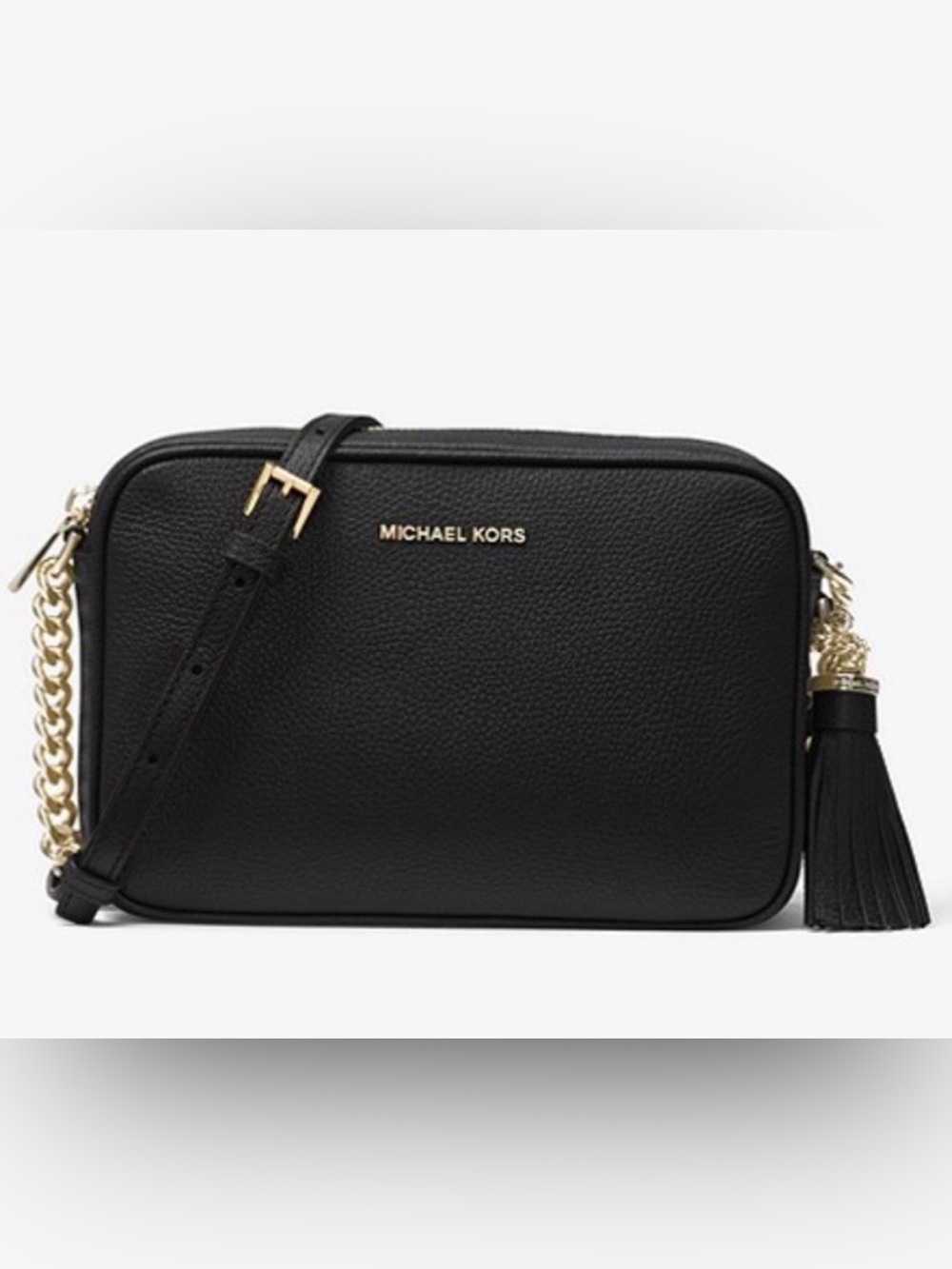 Michael Kors Ginny Black Pebbled Leather Camera Crossbody with Gold Hardware